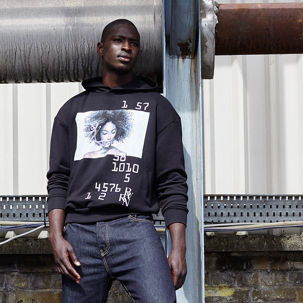 Bravian model wearing bravian black hoodie front view